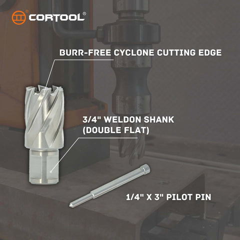 CORTOOL annular cutter and pilot pin, front view; 3/4 in Weldon shank (double flat)