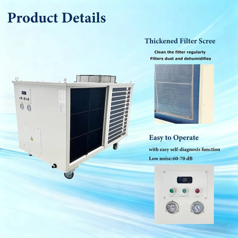 Heavy Duty Portable Industrial Ac Unit To Kick Some Workshop Heat At Bay 61000 Btu Hour Spot Cooler 220v Three Phase 72kw detailed view with controls and filter screen