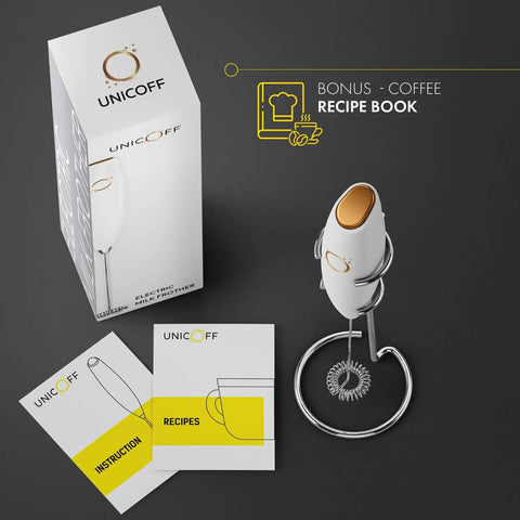 Handheld Milk Frother And Electric Whisk With 19000 RPM Power Includes Recipe Book And Stainless Steel Stand White And Gold Finish Perfect For Lattes Cappuccinos And More