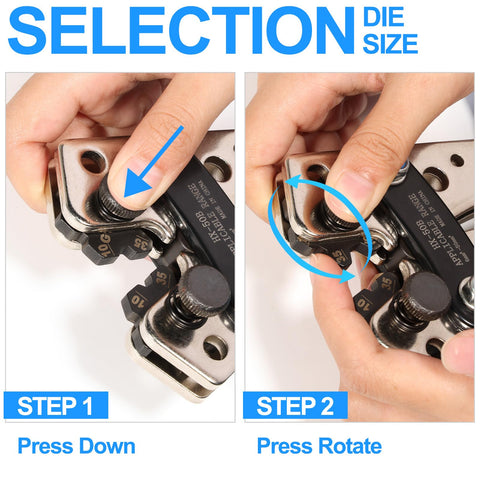Heavy Duty Battery Cable Crimp Tool With Six Die Set For AWG 10 To One Zero Gauge And 6mm2 To 50mm2, close-up of die selection