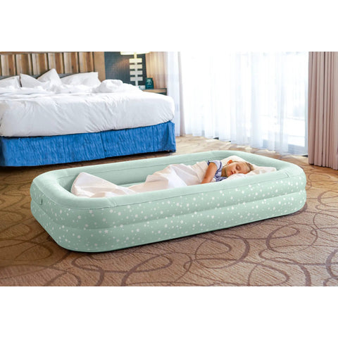 Child sleeping on Kids Travel Air Mattress With Raised Sides And Hand Pump Portable Blow Up Bed For Sleepovers Naps And Travel Plush Surface Double Support Star Print Perfect For Ages 3 To 6