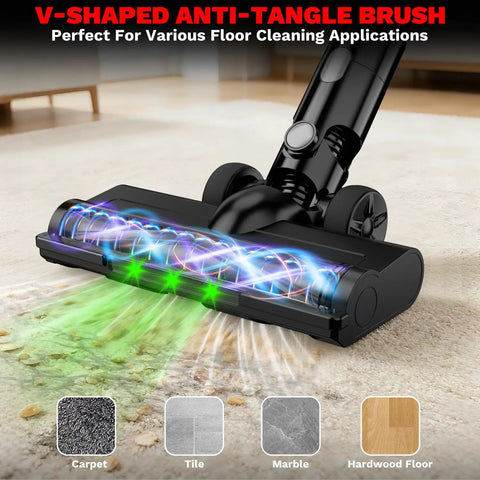 M18 Battery Compatible Cordless Vacuum Cleaner 8 In 1 Stick Vac with pet brush on carpet showing suction power