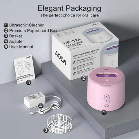 Ultrasonic Retainer Cleaner For Dentures And Mouth Guards, IPX6 Waterproof, 3 Cleaning Modes With RGB Indicator, 45kHz Ultrasonic Power, UV Light Sterilization, 200ml Tank, Easy Fill Pink, box set
