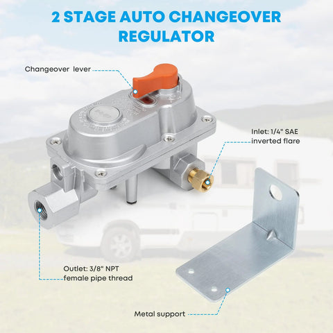 Stanbroil 2-stage propane regulator with orange lever, 1/4 SAE flare inlet, 3/8 NPT outlet, mounted on metal bracket.