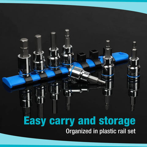 Allen Bit Socket Set For Three Eighths Inch Drive Torx Twenty One Piece Premium CRV Sockets And S2 Bits in blue rail
