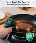 Non Contact Infrared Thermometer Gun With Laser Aiming And Color LCD Adjustable Emissivity For Accurate Readings From Minus 58F To 1472F Ideal For HVAC Cooking And BBQ Automotive And Freezer Jobs measuring steak in skillet