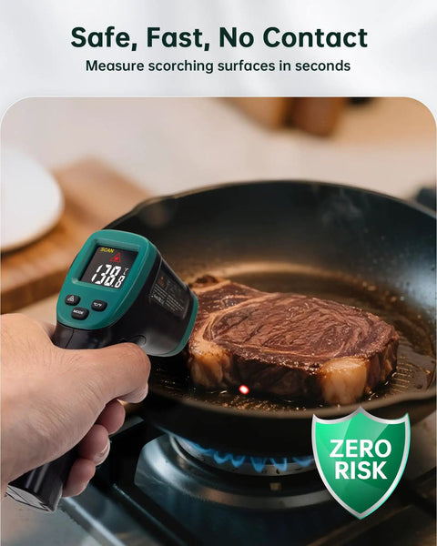 Non Contact Infrared Thermometer Gun With Laser Aiming And Color LCD Adjustable Emissivity For Accurate Readings From Minus 58F To 1472F Ideal For HVAC Cooking And BBQ Automotive And Freezer Jobs measuring steak in skillet