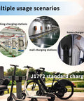 Multiple charging scenarios including home, mall, and parking stations for J1772 to NEMA 5-15 EV Charging Adapter Plug.