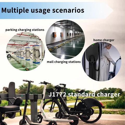 Multiple charging scenarios including home, mall, and parking stations for J1772 to NEMA 5-15 EV Charging Adapter Plug.