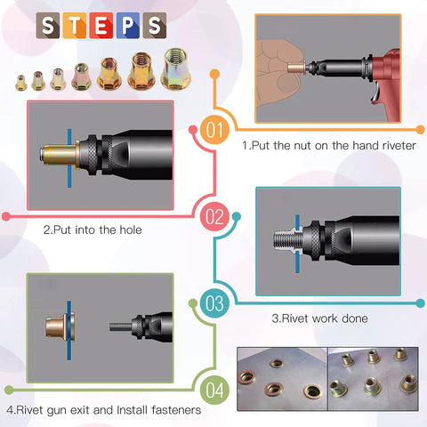 Instruction steps of using 230 Piece Rivet Nut Kit M3 Through M12 with Half Hex Body Flange Rivet Nuts in DIY projects.