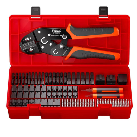 Ratcheting Micro-Fit 3.0 Crimping Tool Kit With 2-10 Pin Dual Row Plug And Receptacle Set in red case, includes crimper and extraction tools