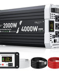 2000 Watt Pure Sine Wave Inverter For 24V DC To 110V AC with 4000W Peak, three AC outlets, USB Type-C ports, remote control, LCD screen.