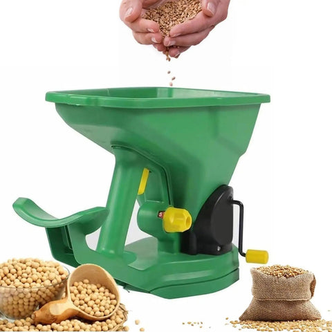 Green hand held seed spreader with 5 gear adjust 1.5L capacity, surrounded by seeds, showcasing DIY planting tool for gardens.