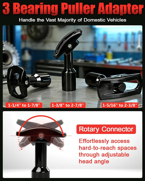 Front view of black metal slide hammer puller set with three rear-axle bearing adapters on a workbench.