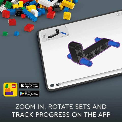 Tablet showing Ninja H2R Inspired Kawasaki Motorcycle Model Kit with app instructions, colorful bricks scattered around.