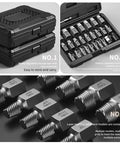 15 Piece Screw Extractor Set For Stripped, Rusted And Broken Bolts And Screws, Easy Out Bolt Extractor Kit shown in box and close-up