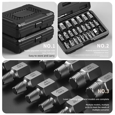 15 Piece Screw Extractor Set For Stripped, Rusted And Broken Bolts And Screws, Easy Out Bolt Extractor Kit shown in box and close-up