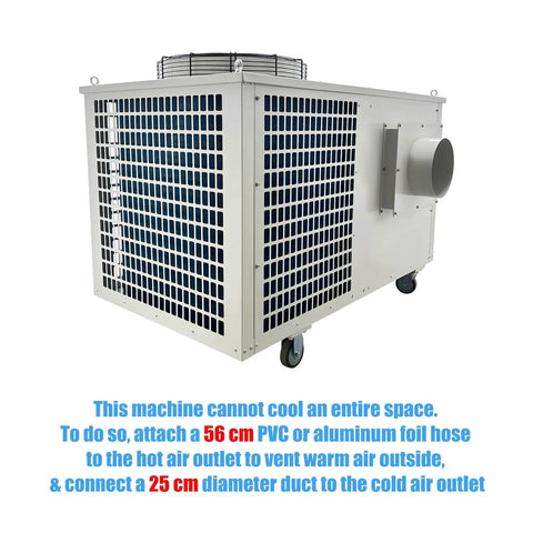 Badass 220V Three Phase Industrial Portable Air Conditioner With Crushingly Cold 51100 BTUH Cooling And Massive 6000W Airflow To Keep Warehouses Shops SweatFree Indoors unit showing design and outlet features.