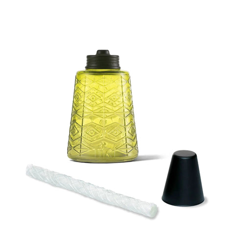Key Lime Green glass torch from Set Of 3 Molded Glass Tabletop Torches In Rio Red, Key Lime Green, And Ocean Blue For Outdoor Lawn, Patio And Garden Lighting, Weather Resistant With Long Lasting Wick And Snuffer, 12 Oz Burn Time Up To 5 Hours Per Fill, Perfect For Outdoor Hangouts with included wick and snuffer