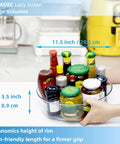 4 Pack Lazy Susan Turntable Organizer Rotating Spice Rack And Cabinet Storage with bottles and jars on a kitchen countertop.