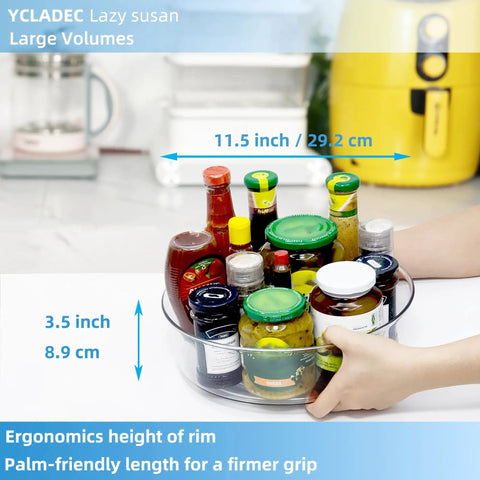 4 Pack Lazy Susan Turntable Organizer Rotating Spice Rack And Cabinet Storage with bottles and jars on a kitchen countertop.