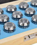WALFRONT ER25 Spring Collet Set 15pc Carbon Steel Chuck Kit 2-16mm precision collets arranged in a wood case for CNC use.