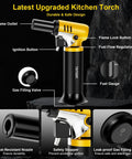 Slick Butane Torch With Clear Fuel Gauge And Adjustable Flame For Dead Simple One Hand Kitchen Cooking And Sick Flames Backyard Grilling Creme Brulee Finish Plus Craft Soldering Gear, featuring a heat-resistant nozzle and safety stopper.
