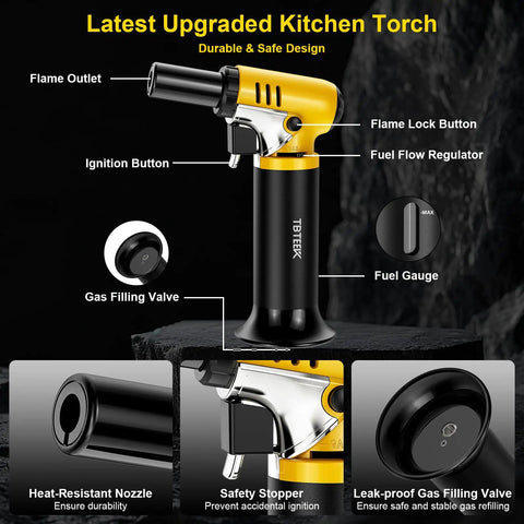 Slick Butane Torch With Clear Fuel Gauge And Adjustable Flame For Dead Simple One Hand Kitchen Cooking And Sick Flames Backyard Grilling Creme Brulee Finish Plus Craft Soldering Gear, featuring a heat-resistant nozzle and safety stopper.