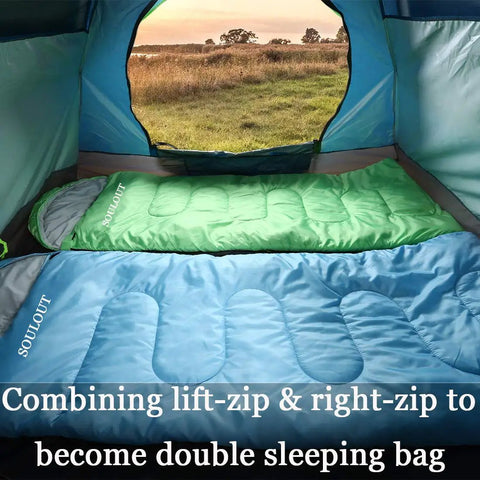 Two All Season Sleeping Bag for Adults and Kids, Lightweight Yet Warm Cold Weather Camping Gear with Water Resistant Shell inside tent.
