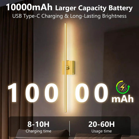 Top Shelf Gold Rechargeable Wall Sconces Pair Wireless Battery Powered LED Wall Light showcasing 10000mAh battery capacity.
