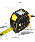 4 In 1 Laser Tape Measure With Cross Line Laser Retractable Tape 328 Ft Laser Range And 16 Ft Tape Fast Accurate Measurements For DIY Home Reno And Pro Builds, shown with display and 16 ft steel tape