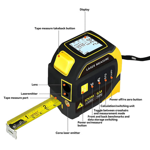 4 In 1 Laser Tape Measure With Cross Line Laser Retractable Tape 328 Ft Laser Range And 16 Ft Tape Fast Accurate Measurements For DIY Home Reno And Pro Builds, shown with display and 16 ft steel tape