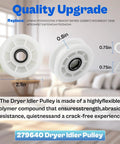 Close-up of 279640 Dryer Idler Pulley showing dimensions and polymer material for Heavy Duty Dryer Repair Kit With WPW10314173 Drum Rollers 661570V Belt W10837240 And 279640 Idler Pulleys Complete Replacement Parts Pack For Whirlpool Maytag Kenmore Dryers.