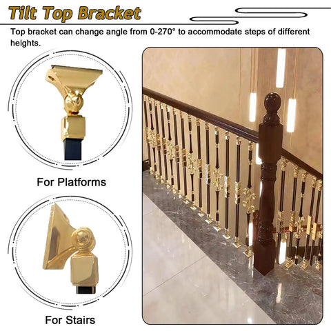 Tilt top bracket for adjustable baluster system, gold finish, designed for sleek stair railings and platforms.