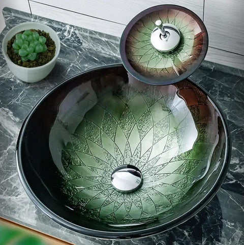 Top Shelf Tempered Glass Vessel Sink Built Tough As Nails With Slick Waterfall Faucet Flow For No Sweat Bathroom Vanity Setup And Easy Daily Washing That Looks Absolutely Straight Fire. Close-up view of green glass vessel sink with waterfall faucet.