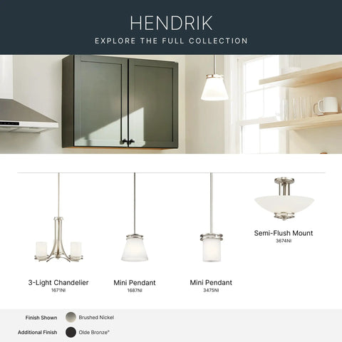 Hendrik 1-Light Mini Pendant With Brushed Nickel Finish And Satin Etched Cased Opal Glass Shade For Kitchen Island And Dining Room Lighting