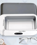 Portable Ultrasonic Jewelry Cleaner 22 Oz With 40W Power And 49kHz Vibration shown with dimensions, glasses, watch