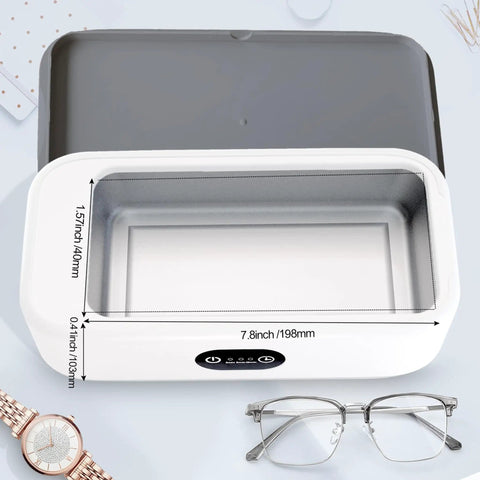 Portable Ultrasonic Jewelry Cleaner 22 Oz With 40W Power And 49kHz Vibration shown with dimensions, glasses, watch