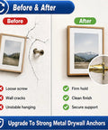 Heavy Duty Self Drilling Drywall Anchors And Screws Kit 200 Pieces No Drill Needed With 66 Lbs Max Support For Quick Rock Solid Wall Mounts In Home Or Office. Before and after metal drywall anchor holding a framed picture on cracked wall