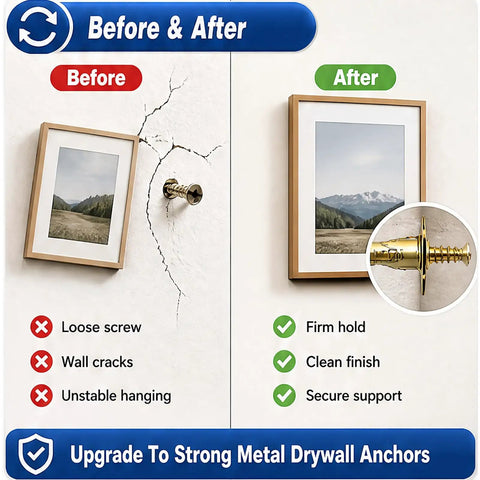 Heavy Duty Self Drilling Drywall Anchors And Screws Kit 200 Pieces No Drill Needed With 66 Lbs Max Support For Quick Rock Solid Wall Mounts In Home Or Office. Before and after metal drywall anchor holding a framed picture on cracked wall
