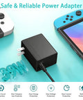 Fast USB-C Charger For Nintendo Switch With USB-C Cord, Compatible With Switch OLED, Switch Lite, And Steam Deck, Powers TV Mode Dock, High Output For Smooth Console Play On Big Screen. Black 39W AC adapter with cord and safety icons