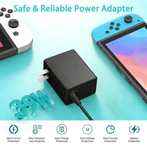 Fast USB-C Charger For Nintendo Switch With USB-C Cord, Compatible With Switch OLED, Switch Lite, And Steam Deck, Powers TV Mode Dock, High Output For Smooth Console Play On Big Screen. Black 39W AC adapter with cord and safety icons