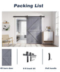 Gray Wood Barn Door Slab 48 By 84 Inches With 8 Foot Barn Door Hardware Track Kit Included Double Sided Surfaces Easy Assembly K Frame Spruce Wood Modern Farmhouse Look shown installed in a living room.