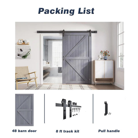 Gray Wood Barn Door Slab 48 By 84 Inches With 8 Foot Barn Door Hardware Track Kit Included Double Sided Surfaces Easy Assembly K Frame Spruce Wood Modern Farmhouse Look shown installed in a living room.