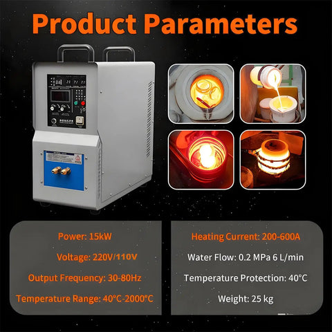 Heavy Duty 15KW Industrial Induction Heater With Rock Solid Safety Shield And Smooth Water Cooling System showcasing product parameters.