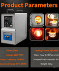 Built Tough Industrial Induction Heater With Water Cooled Safety Shield 15Kw 200 To 600 Amps 30 To 100 Khz For Fast Metal Melting Brazing And Everyday Forging Jobs Around Your Shop, showcasing product parameters and specifications.