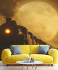 Massive Wall Mural 196 Inch By 118 Inch Silk Cloth Wallpaper Not Peel And Stick Vintage Locomotive HD Photo For Bedroom And Living Room Decor 10 Piece Set with a train under a full moon behind a yellow sofa