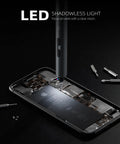 Mini Electric Screwdriver Kit 90 In 1 Precision Repair Set with 64 Magnetic Bits and LED light fixing a smartphone.