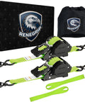 Heavy Duty Retractable Ratchet Straps Made To Haul Your Rig Without The Headache One Inch By 12 Feet with neon green straps and storage bag.