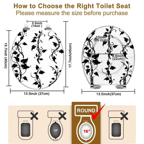Toilet Seat Round Resin for Bathroom dimensions and fitting guide, measuring 14.5" x 16.5" for standard toilets.